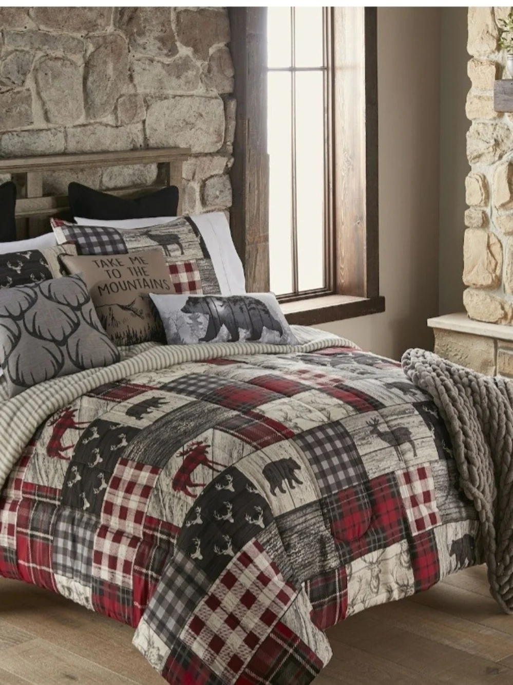 Cuddl Duds Plaid Patchwork Lodge Quilt - Red, Black, Gray, Cream